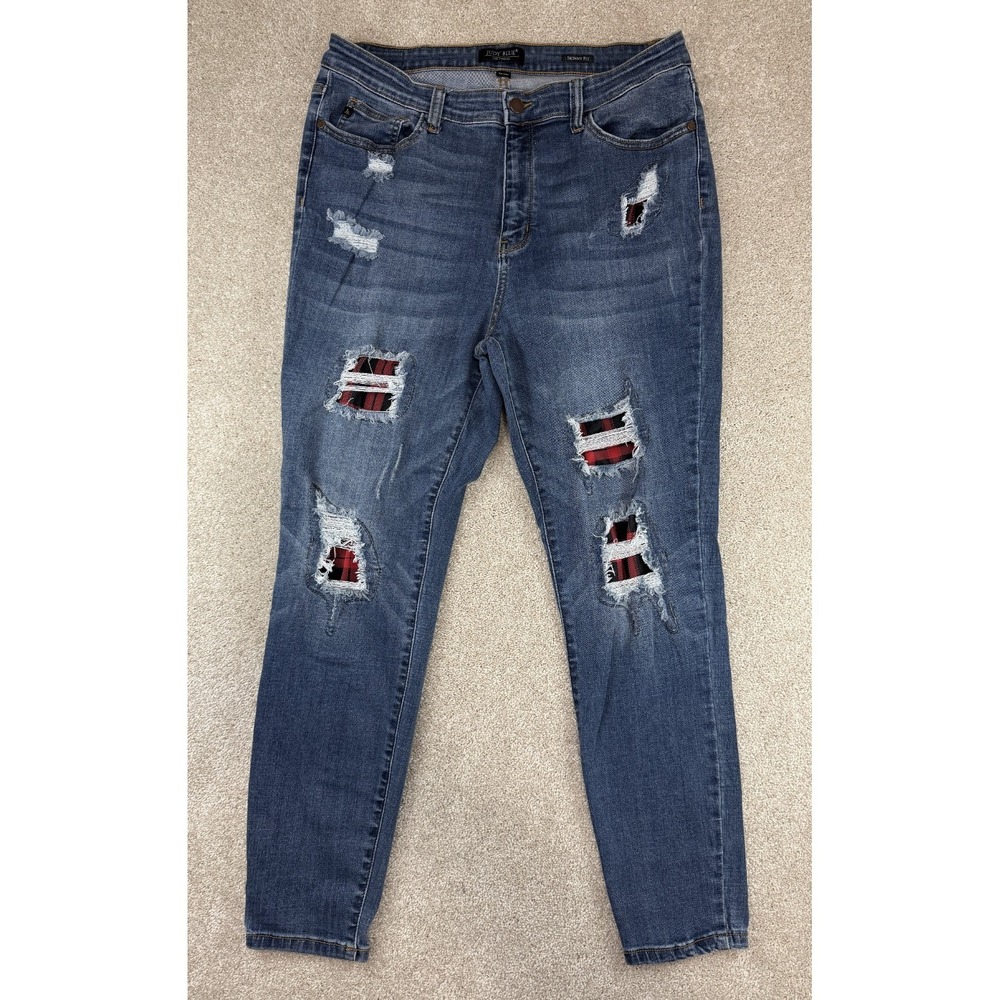Judy Blue Jeans Women's Plus 1XL Skinny Fit Distressed Plaid Patchwork Stretch